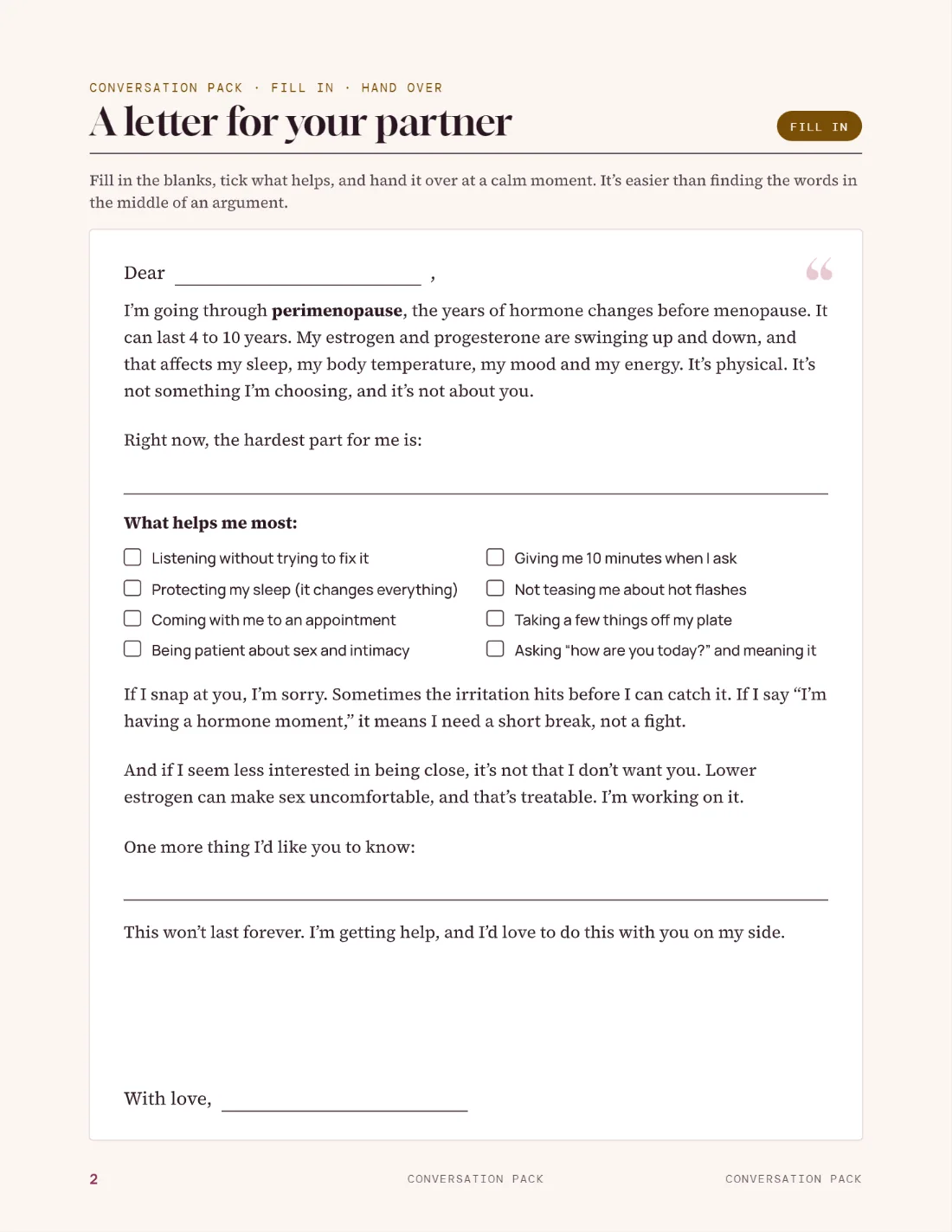 A letter for your partner from the Conversation Pack