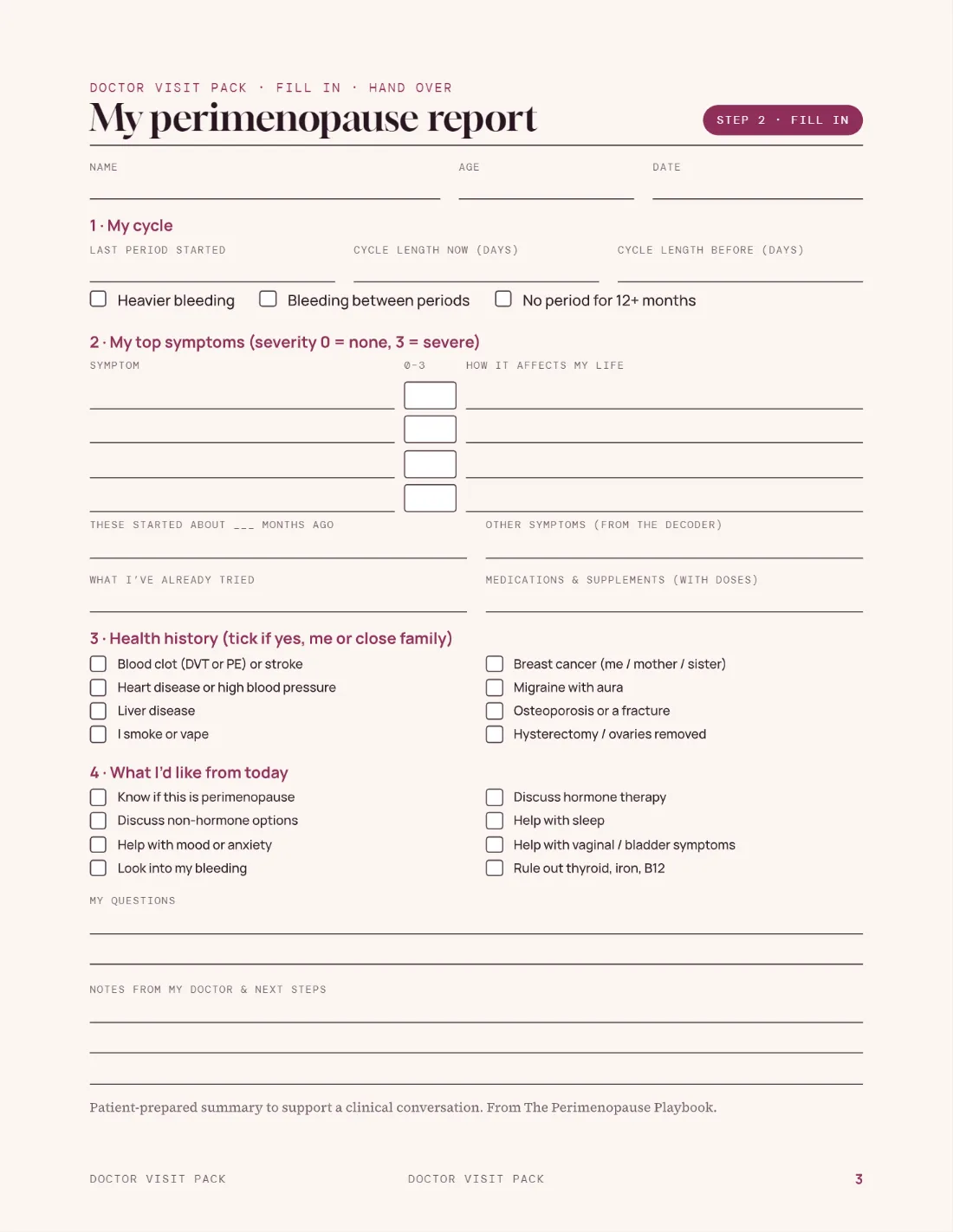 The fillable perimenopause report from the Doctor Visit Pack